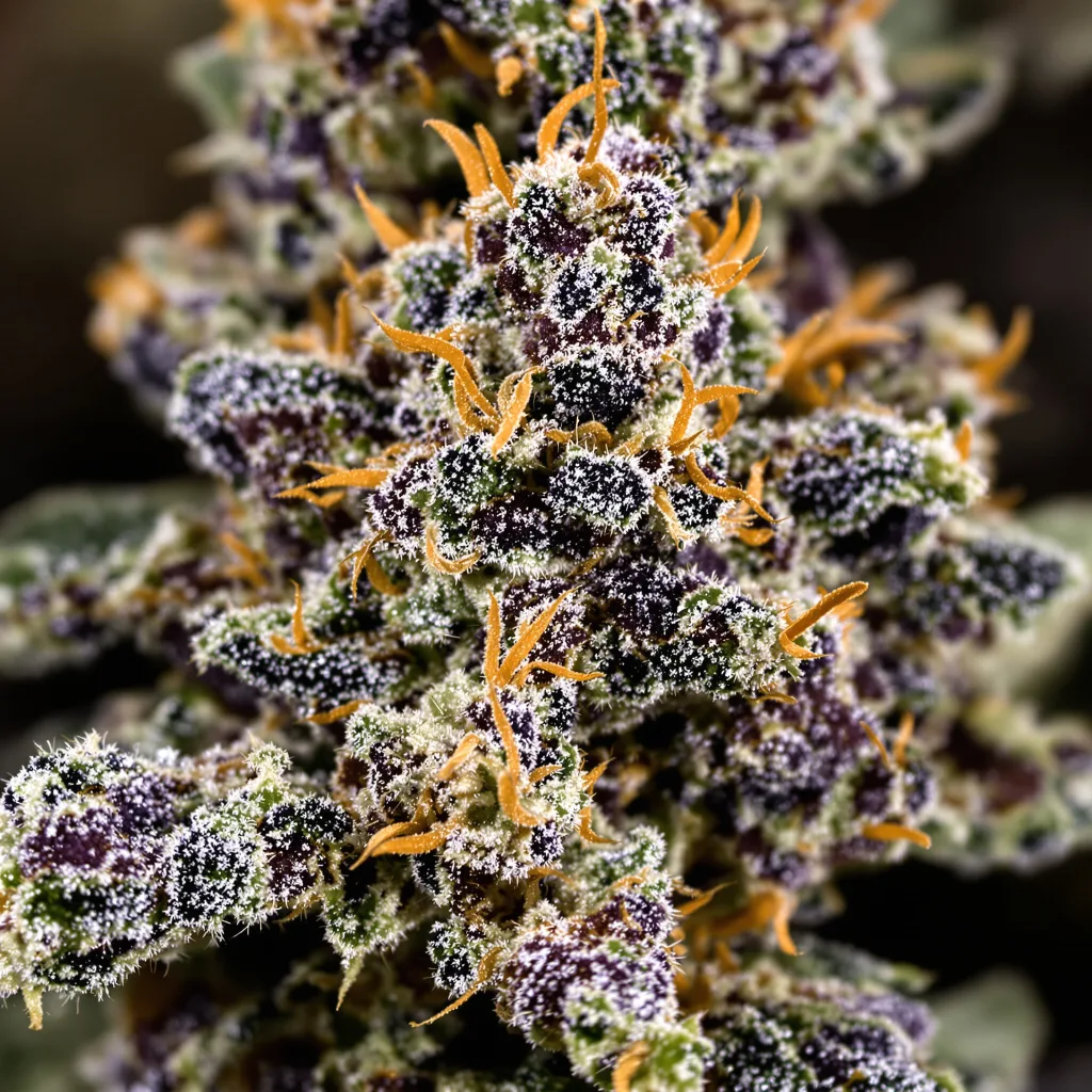 8 Ball Kush cannabis bud close-up showing dense purple-tinged calyxes