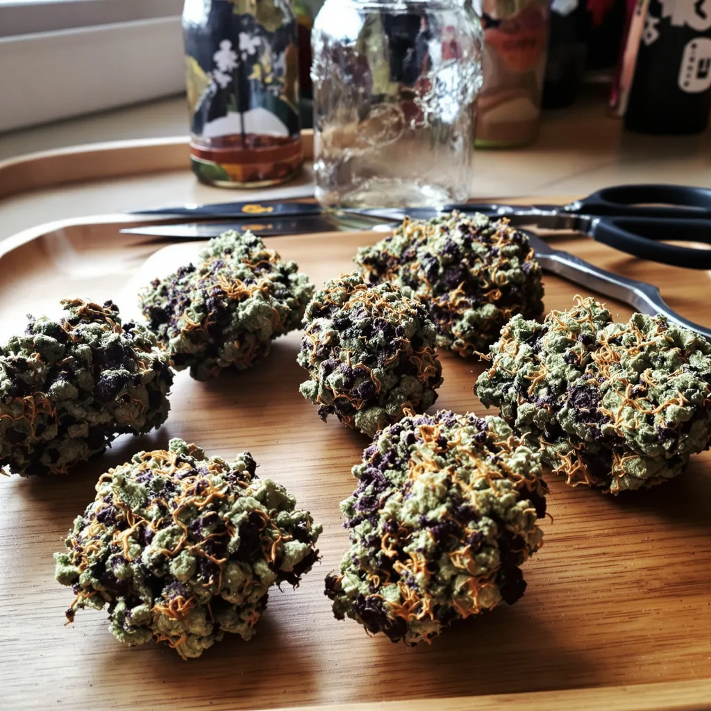 9 Pound Hammer 66% indica / 34% sativa flower with visible trichomes