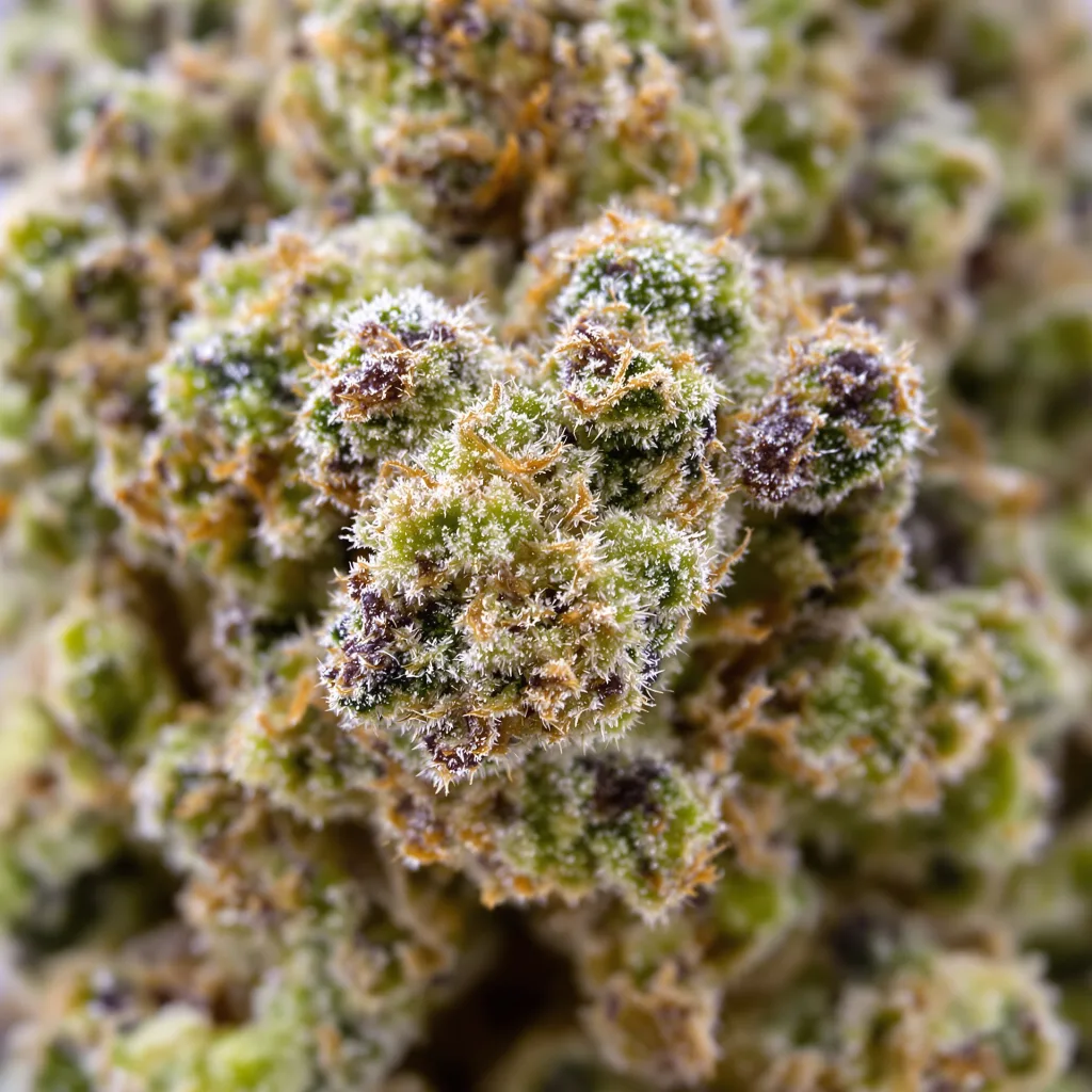 98 Aloha White Widow cannabis bud close-up showing balanced bud structure with frosted trichomes