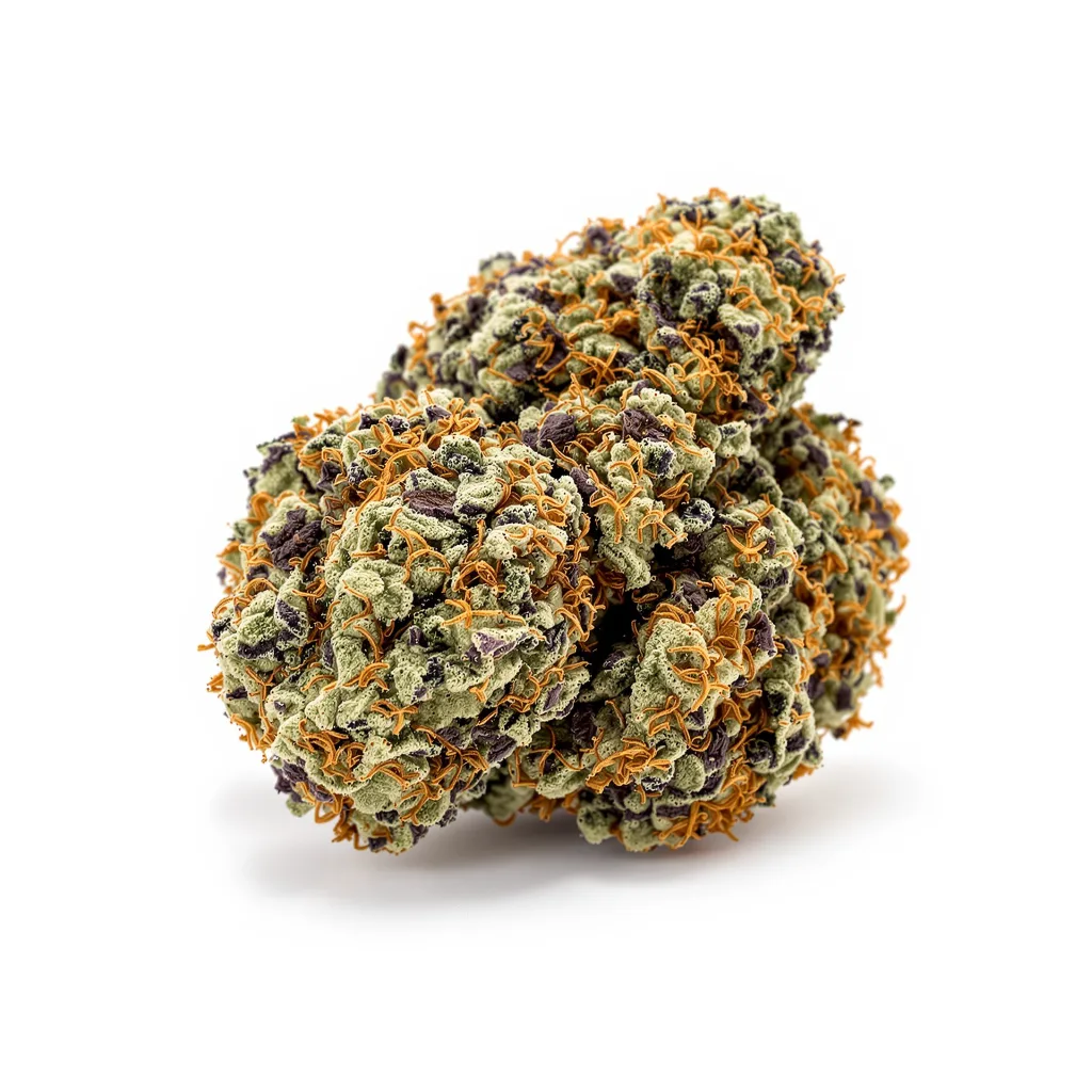 A-10 70% indica / 20% sativa flower with visible trichomes