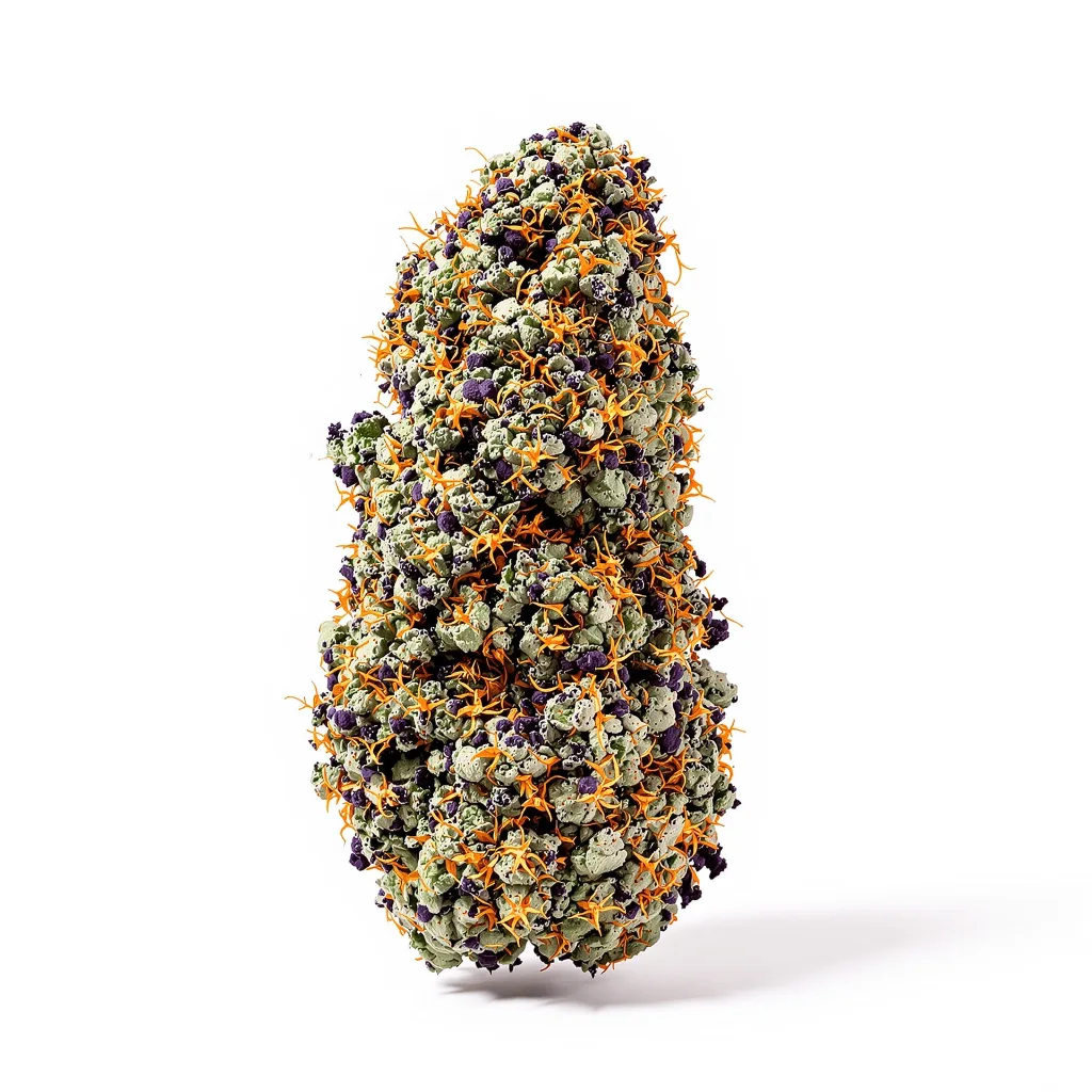 A-10 70% indica / 20% sativa flower with visible trichomes