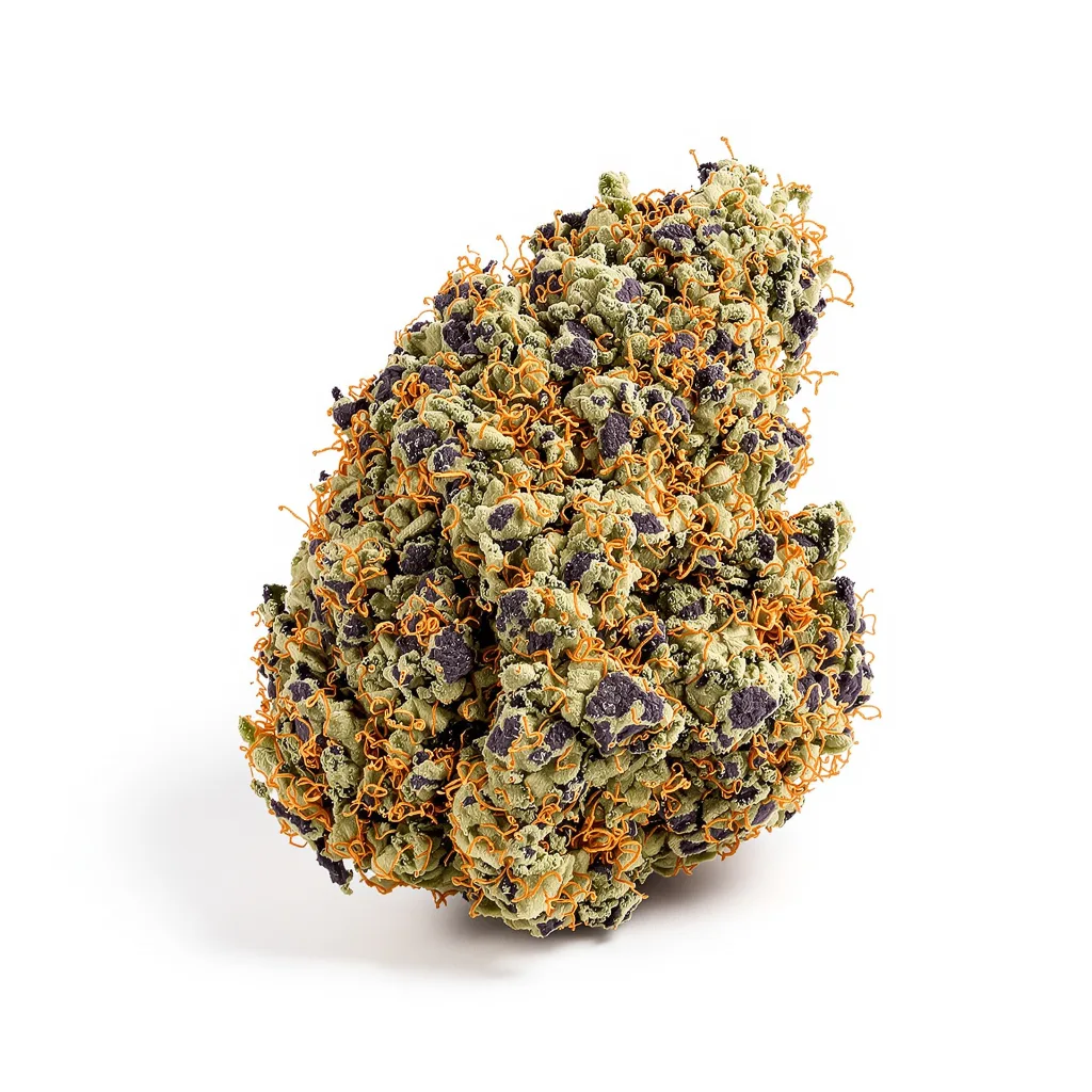 A-Train 79% indica / 21% sativa flower with visible trichomes
