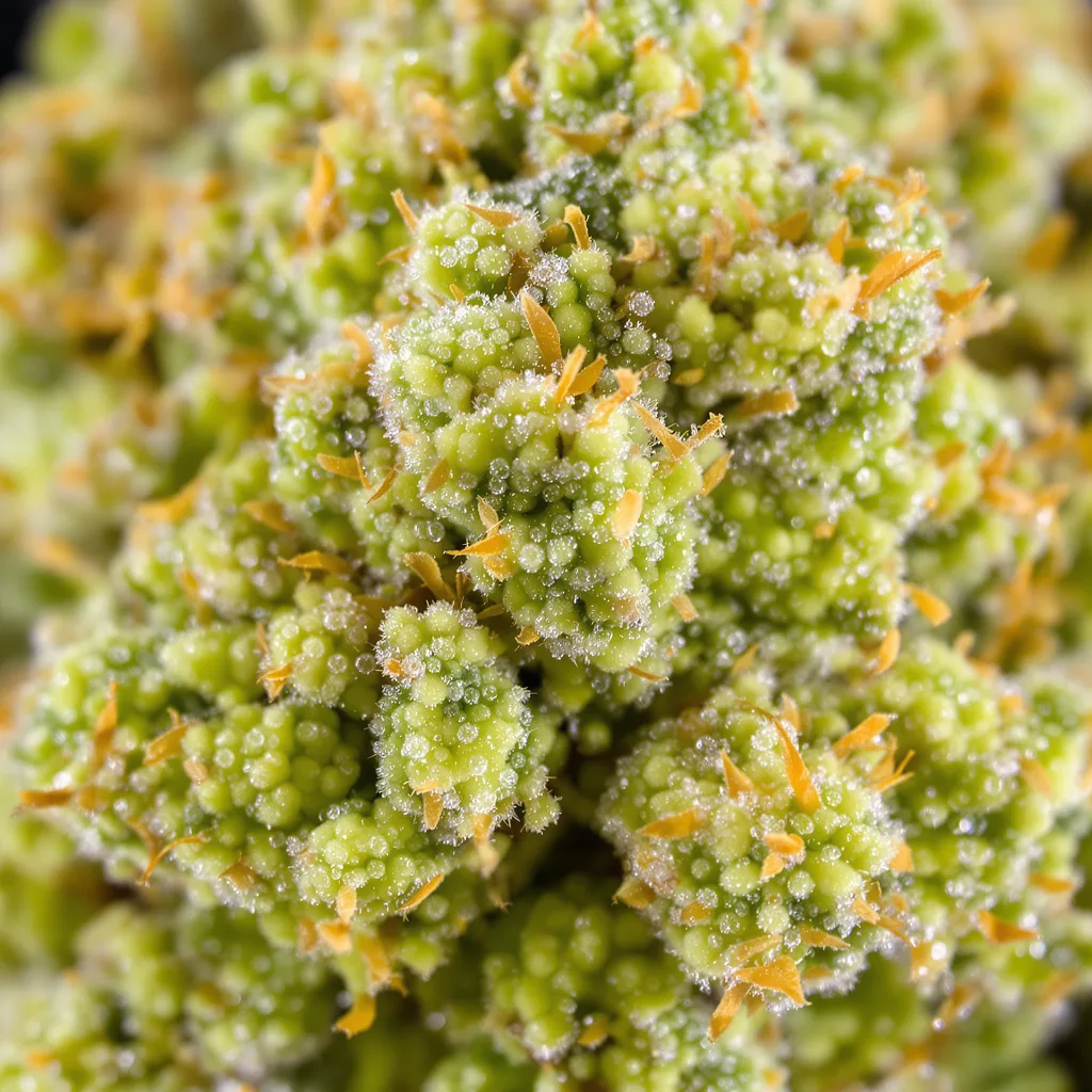 Acapulco Gold cannabis bud close-up showing lime-green airy structure