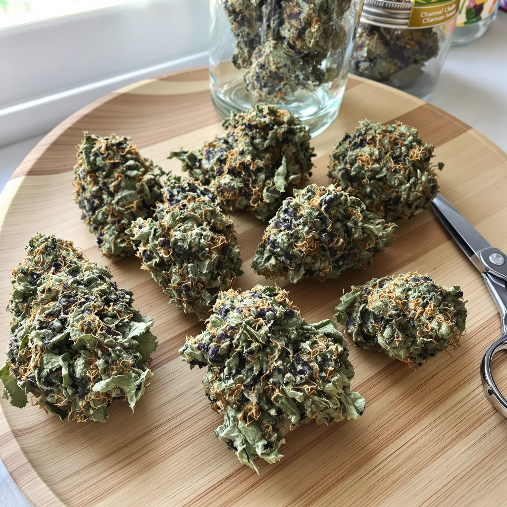 Afghan 70% indica / 30% sativa flower with visible trichomes