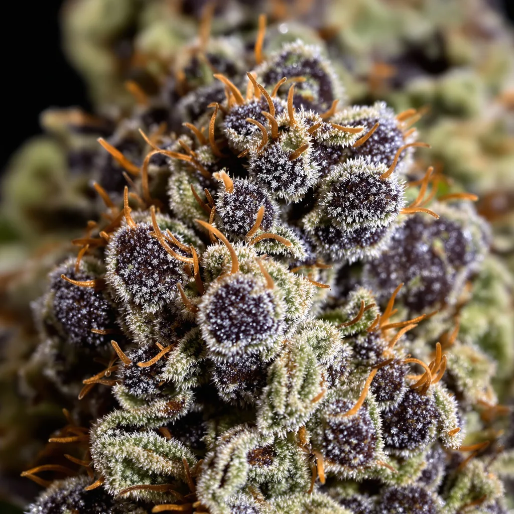 Afghan Kush cannabis bud close-up showing dense purple-tinged calyxes