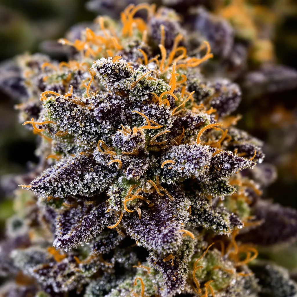 Afghan Skunk cannabis bud close-up showing dense purple-tinged calyxes