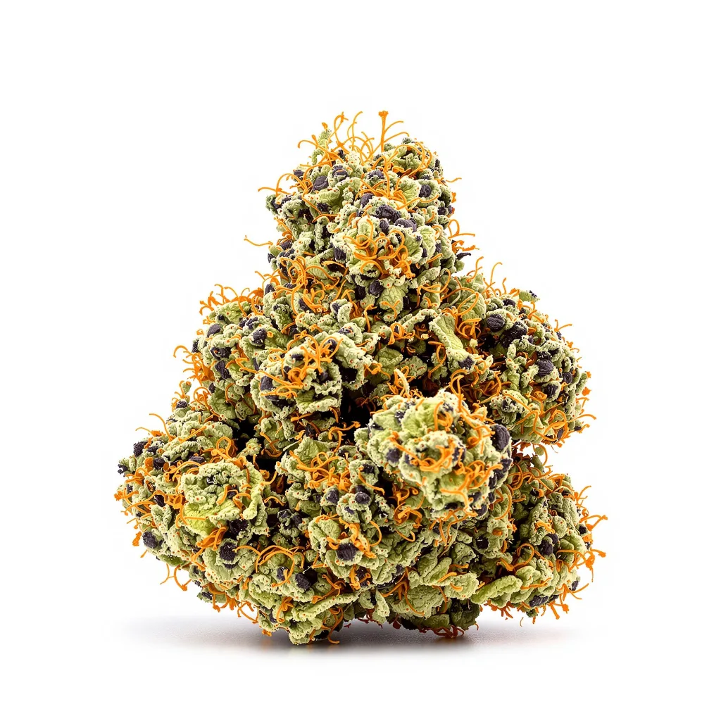 Afghani Bullrider 70% indica / 30% sativa flower with visible trichomes