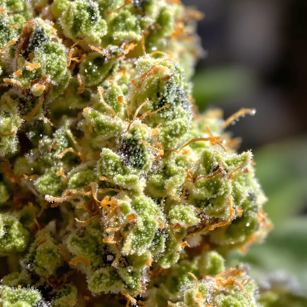 Alaskan Thunder Fuck cannabis bud close-up showing lime-green airy structure