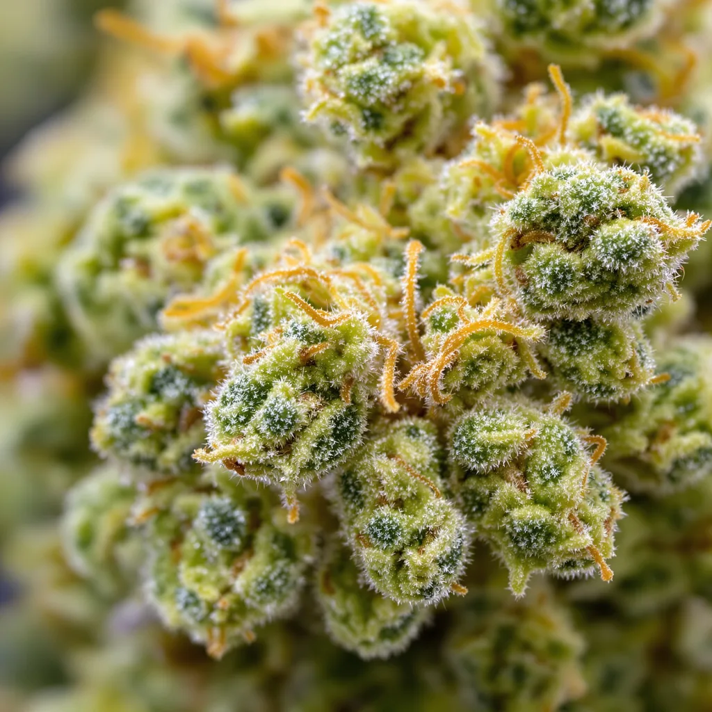 Alice In Wonderland cannabis bud close-up showing lime-green airy structure