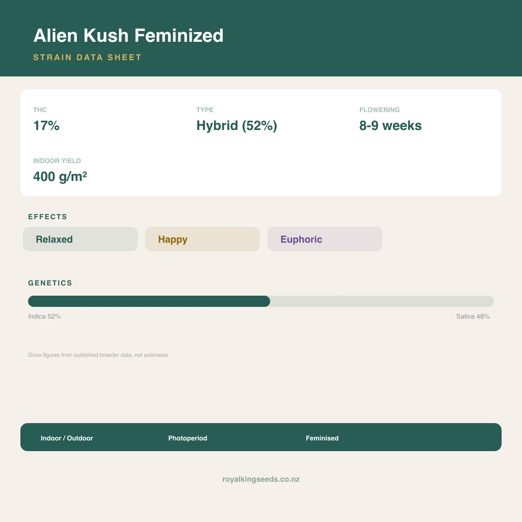 Alien Kush 52% indica / 48% sativa flower with visible trichomes