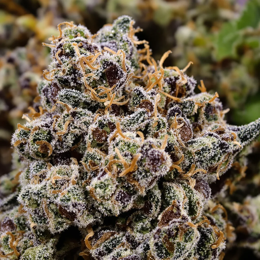 Aliens On Moonshine cannabis bud close-up showing dense purple-tinged calyxes