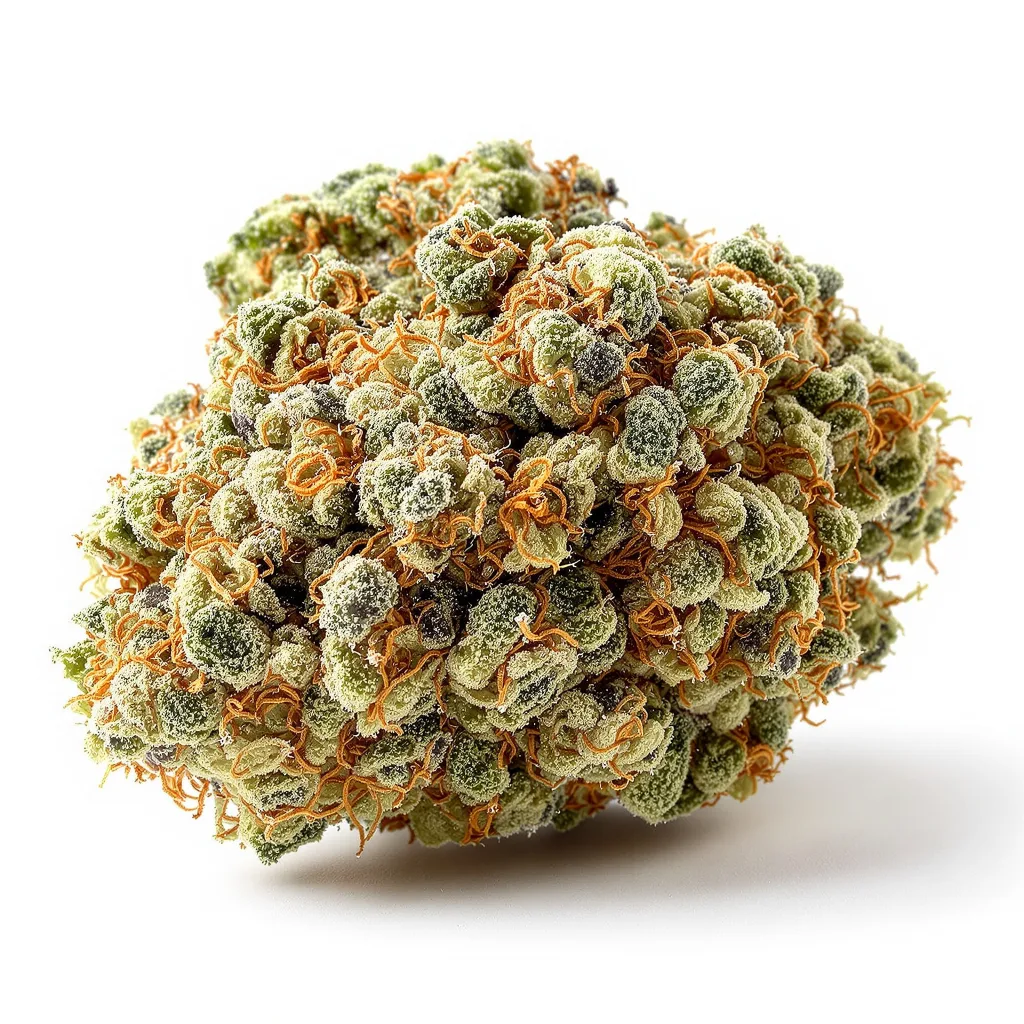 Alpine Blue 49% indica / 51% sativa flower with visible trichomes
