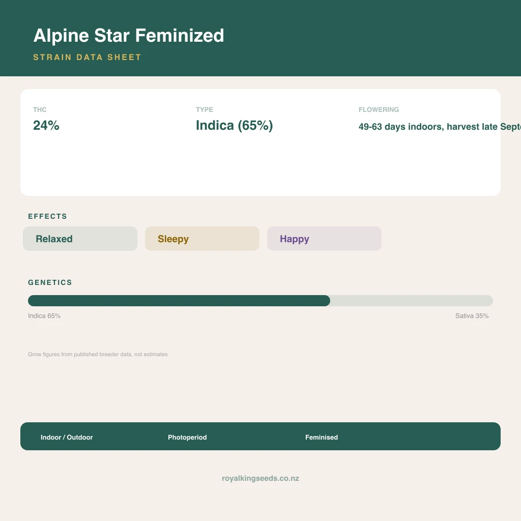 Alpine Star 65% indica / 35% sativa flower with visible trichomes