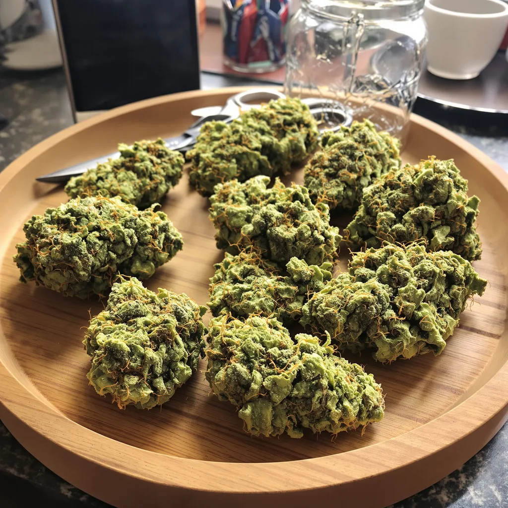 American Haze 16% indica / 84% sativa flower with visible trichomes