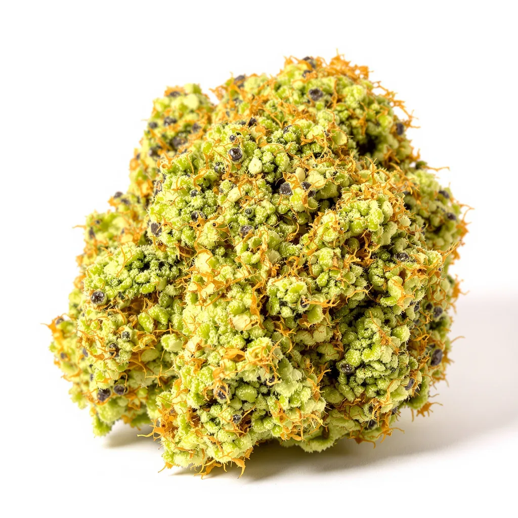Amnesia 16% indica / 84% sativa flower with visible trichomes