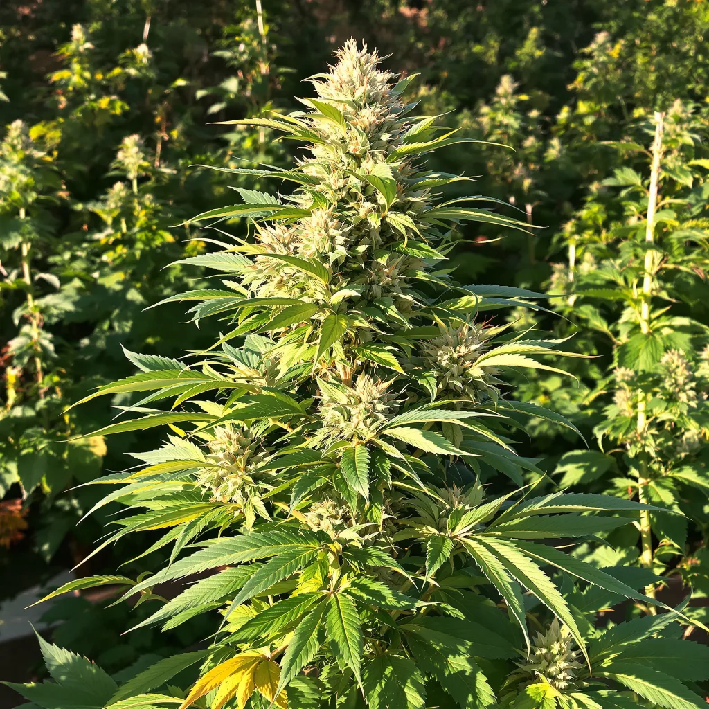Amnesia Lemon 43% indica / 57% sativa flower with visible trichomes
