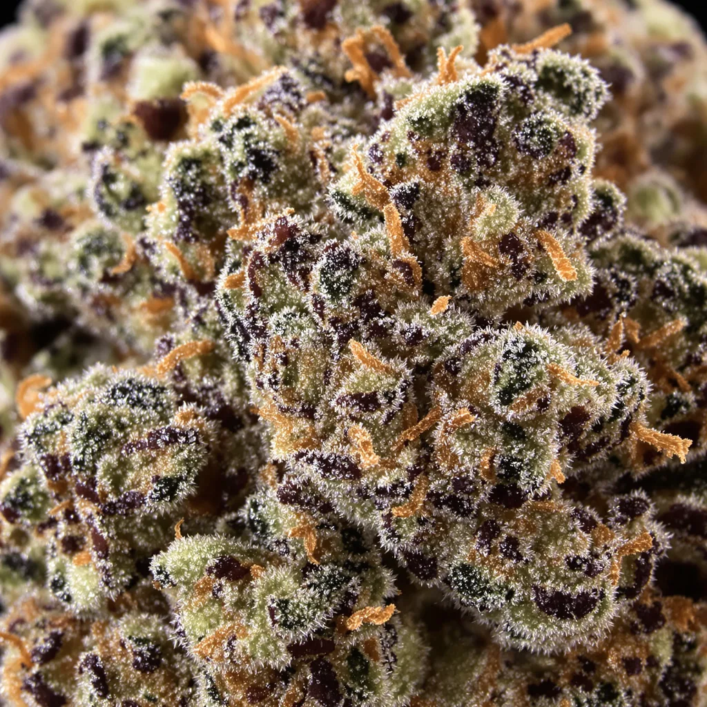 Angel OG cannabis bud close-up showing dense purple-tinged calyxes