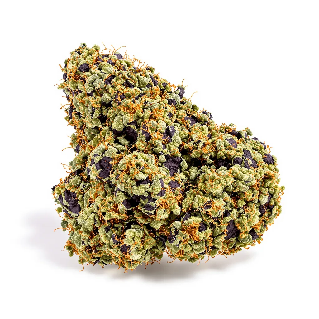 Ayahuasca Purple 73% indica / 27% sativa flower with visible trichomes