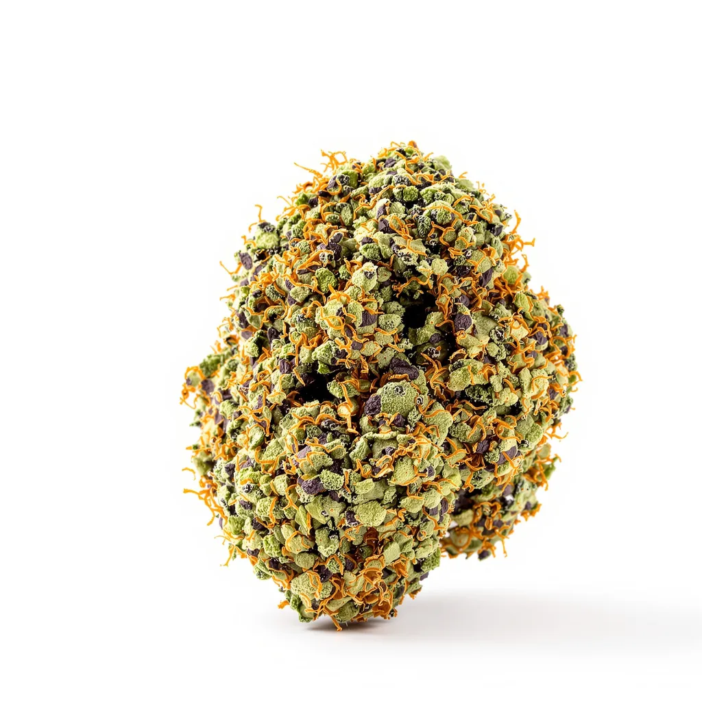 Ayahuasca Purple 73% indica / 27% sativa flower with visible trichomes