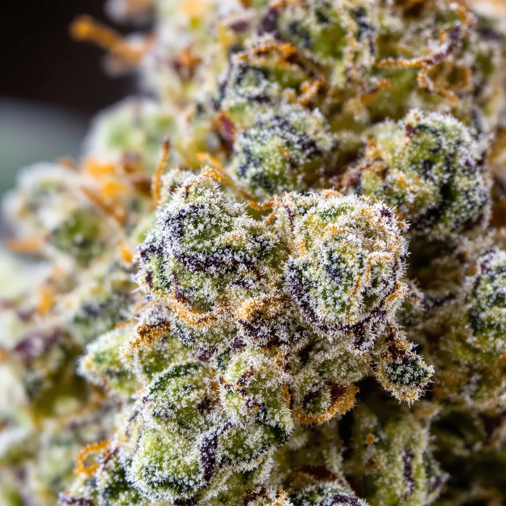 Baked Alaska cannabis bud close-up showing balanced bud structure with frosted trichomes