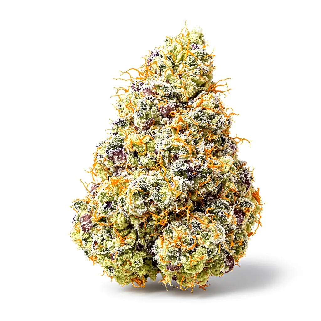 Baked Alaska 54% indica / 46% sativa flower with visible trichomes
