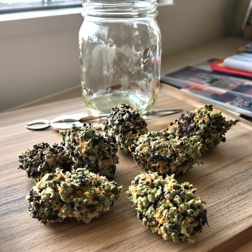 Banana Cream OG 73% indica / 27% sativa flower with visible trichomes