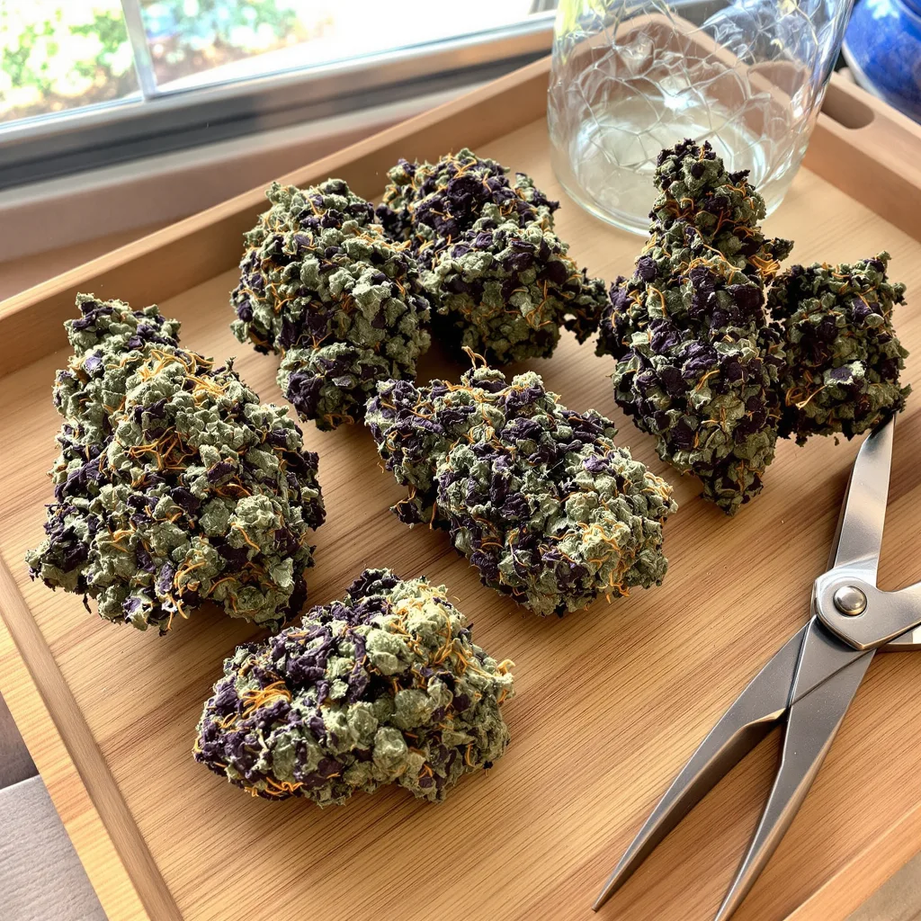 Banana Cream OG 73% indica / 27% sativa flower with visible trichomes