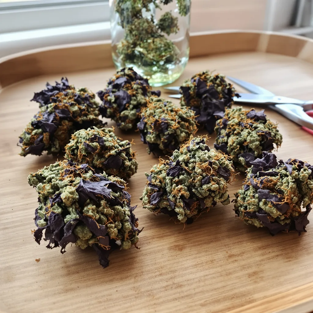 Banana Kush 76% indica / 24% sativa flower with visible trichomes