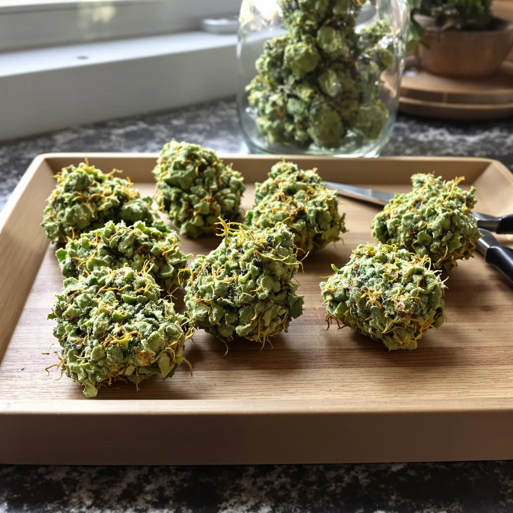 Bandana 21% indica / 79% sativa flower with visible trichomes