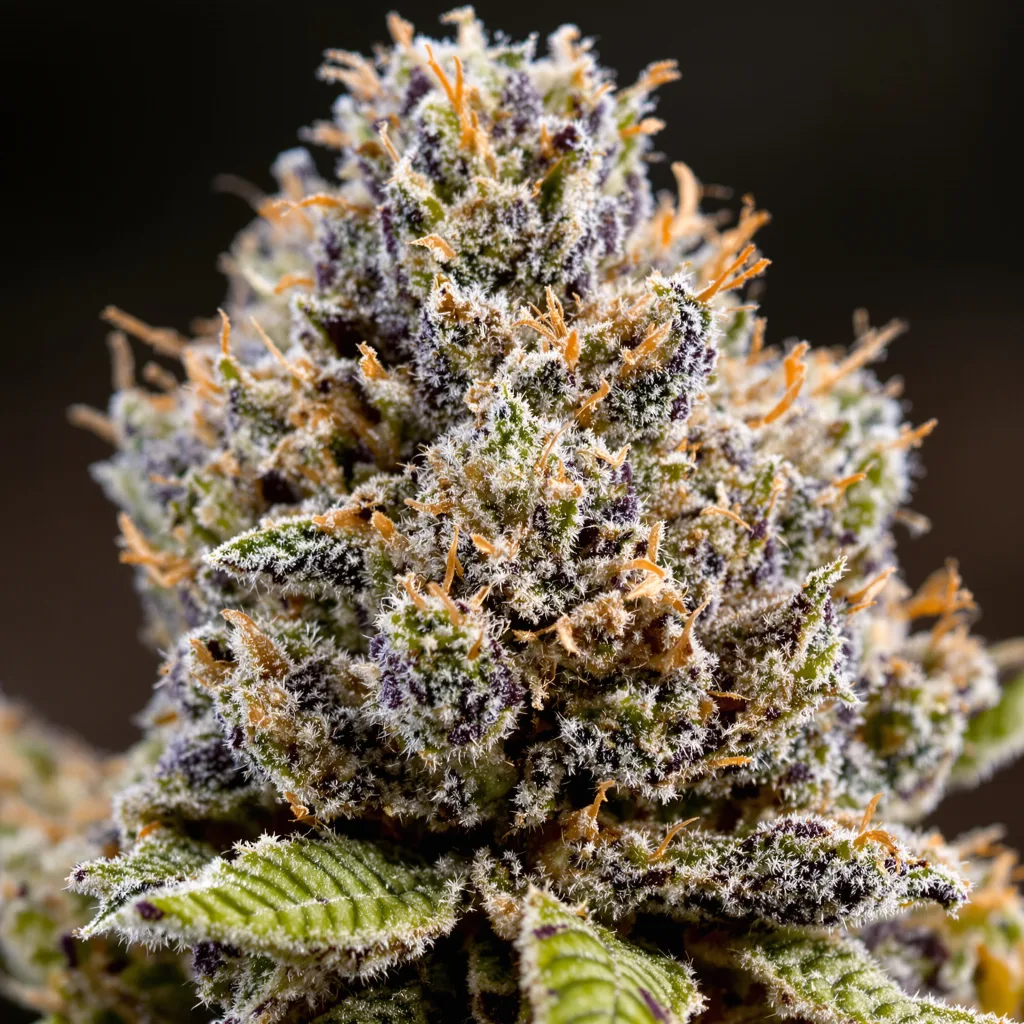 Bay Dream cannabis bud close-up showing dense purple-tinged calyxes
