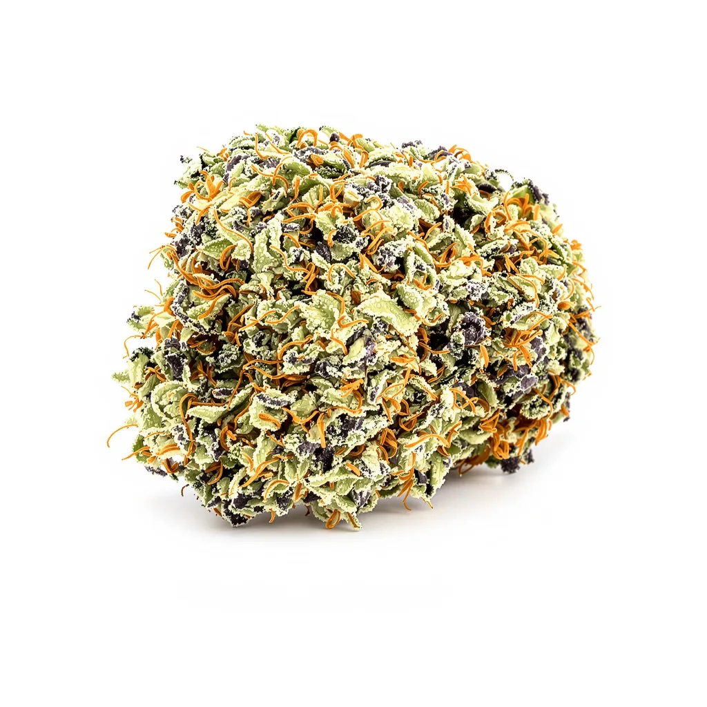 Big Blue 56% indica / 44% sativa flower with visible trichomes