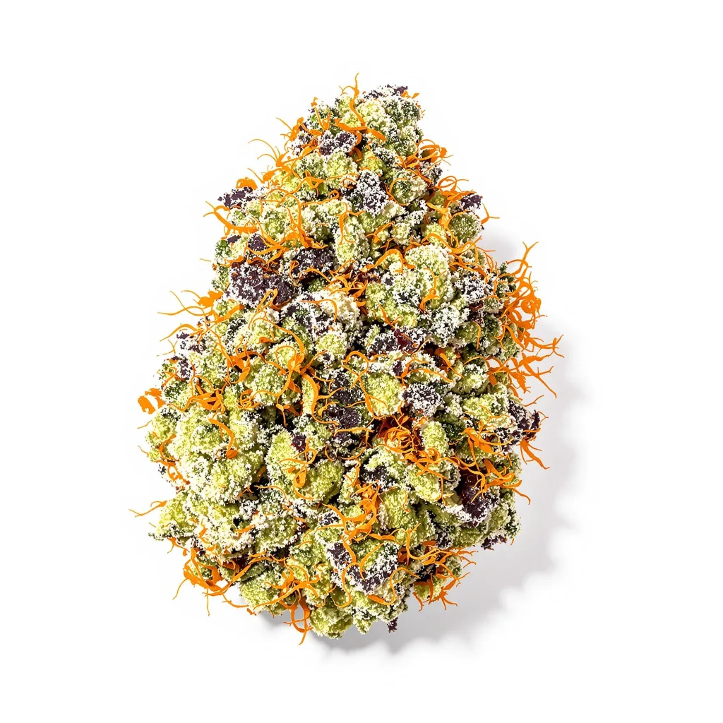 Big Buddha Cheese 60% indica / 40% sativa flower with visible trichomes