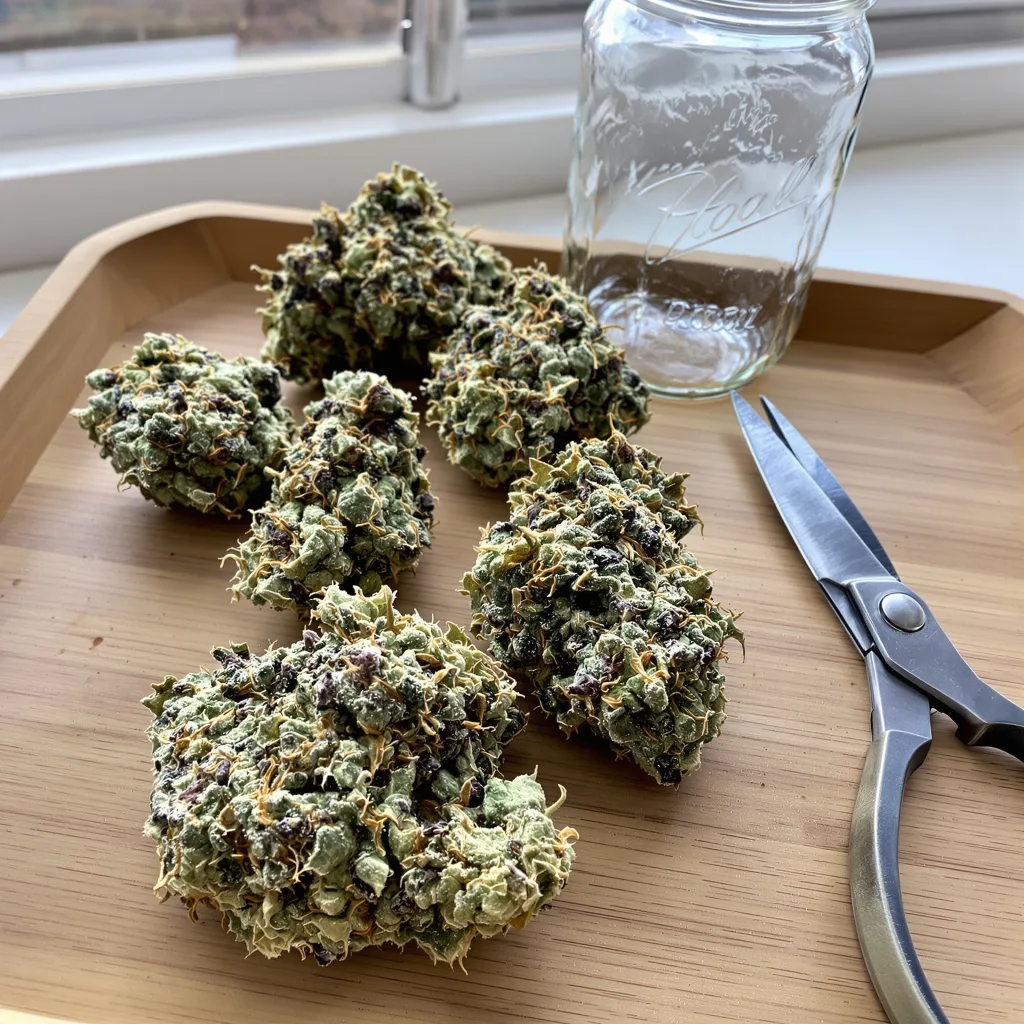 Big Buddha Cheese 60% indica / 40% sativa flower with visible trichomes