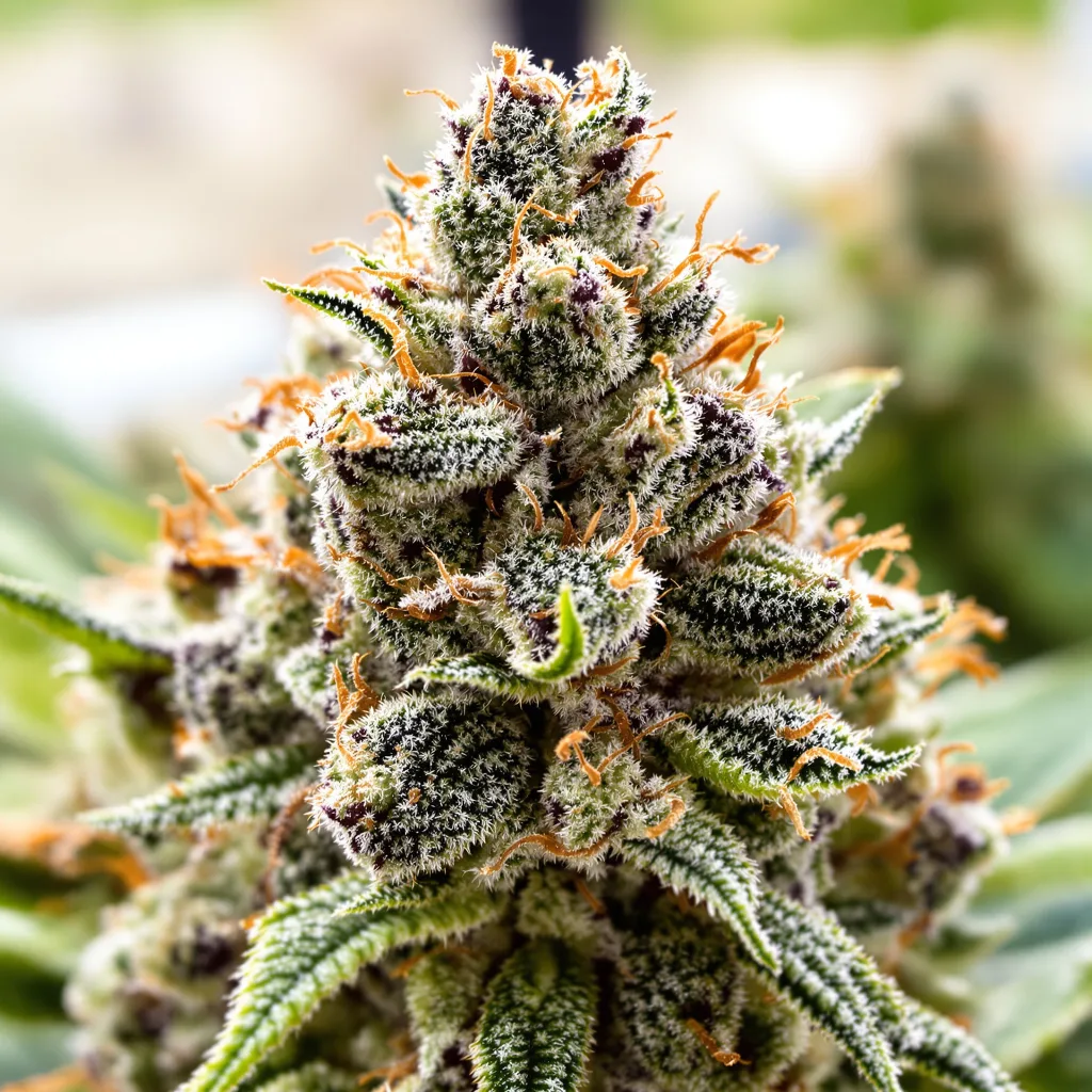 Big Buddha Cheese cannabis bud close-up showing dense forest-green nugs
