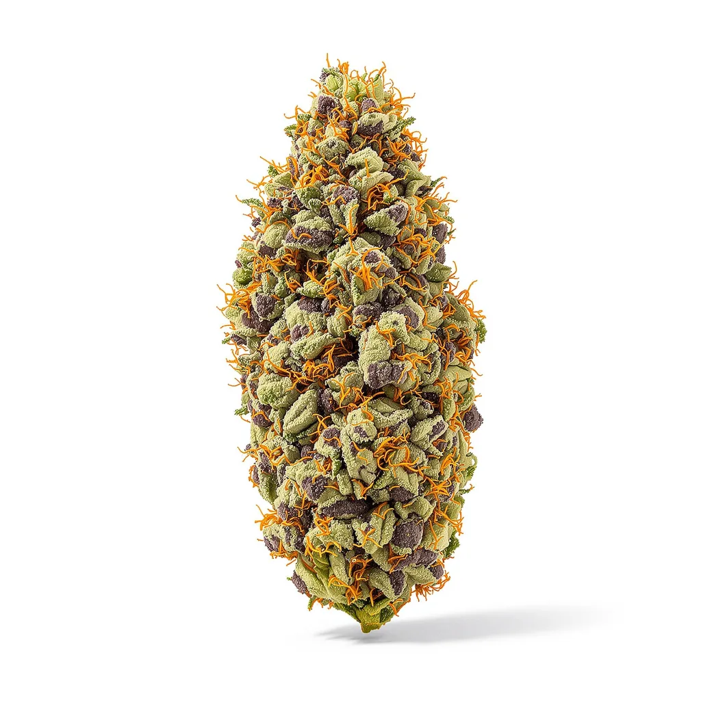 Big Cheese 84% indica / 16% sativa flower with visible trichomes