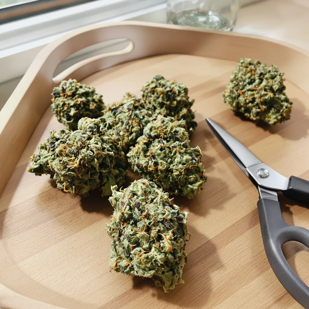 Biker Le Blanc 46% indica / 54% sativa flower with visible trichomes