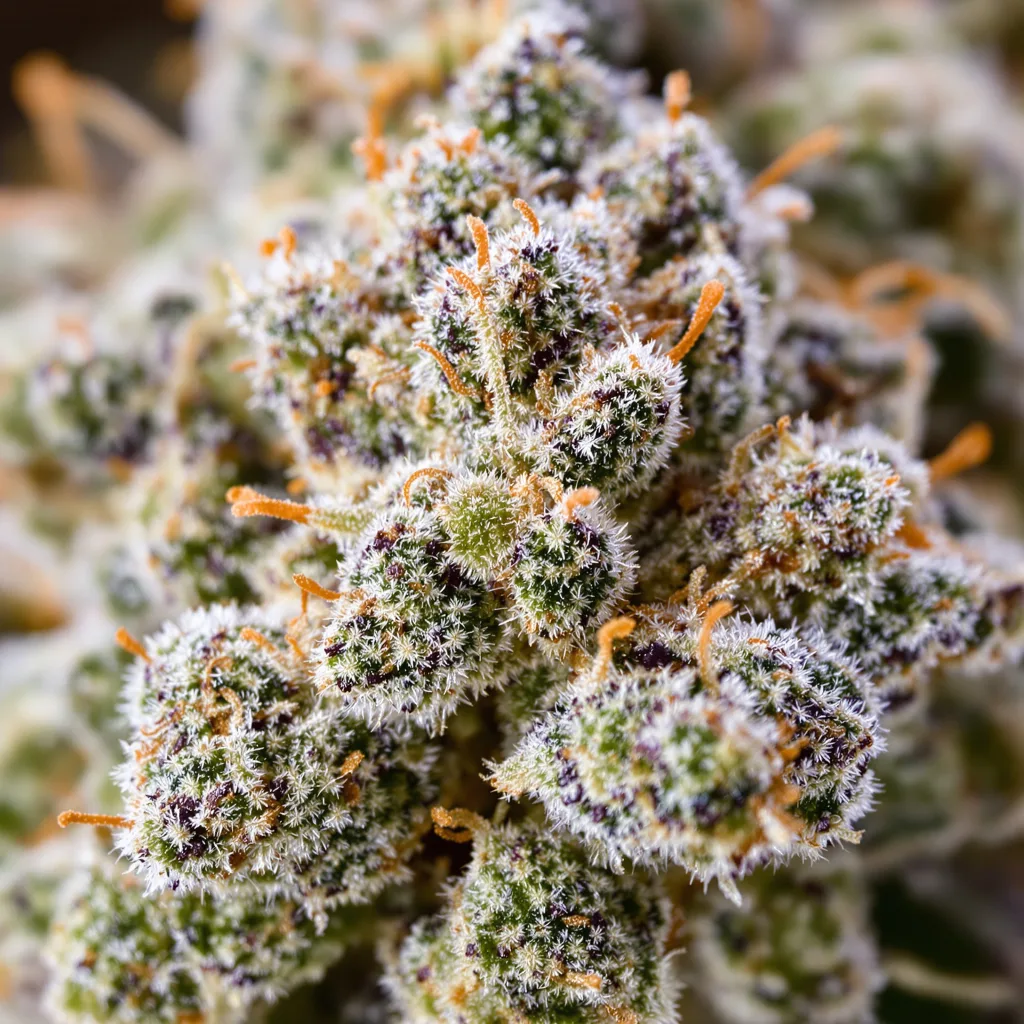 Biker Le Blanc cannabis bud close-up showing balanced bud structure with frosted trichomes