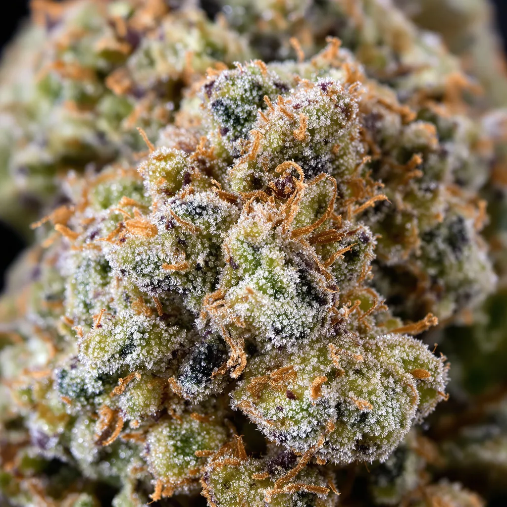 Birthday Cake Kush cannabis bud close-up showing dense forest-green nugs
