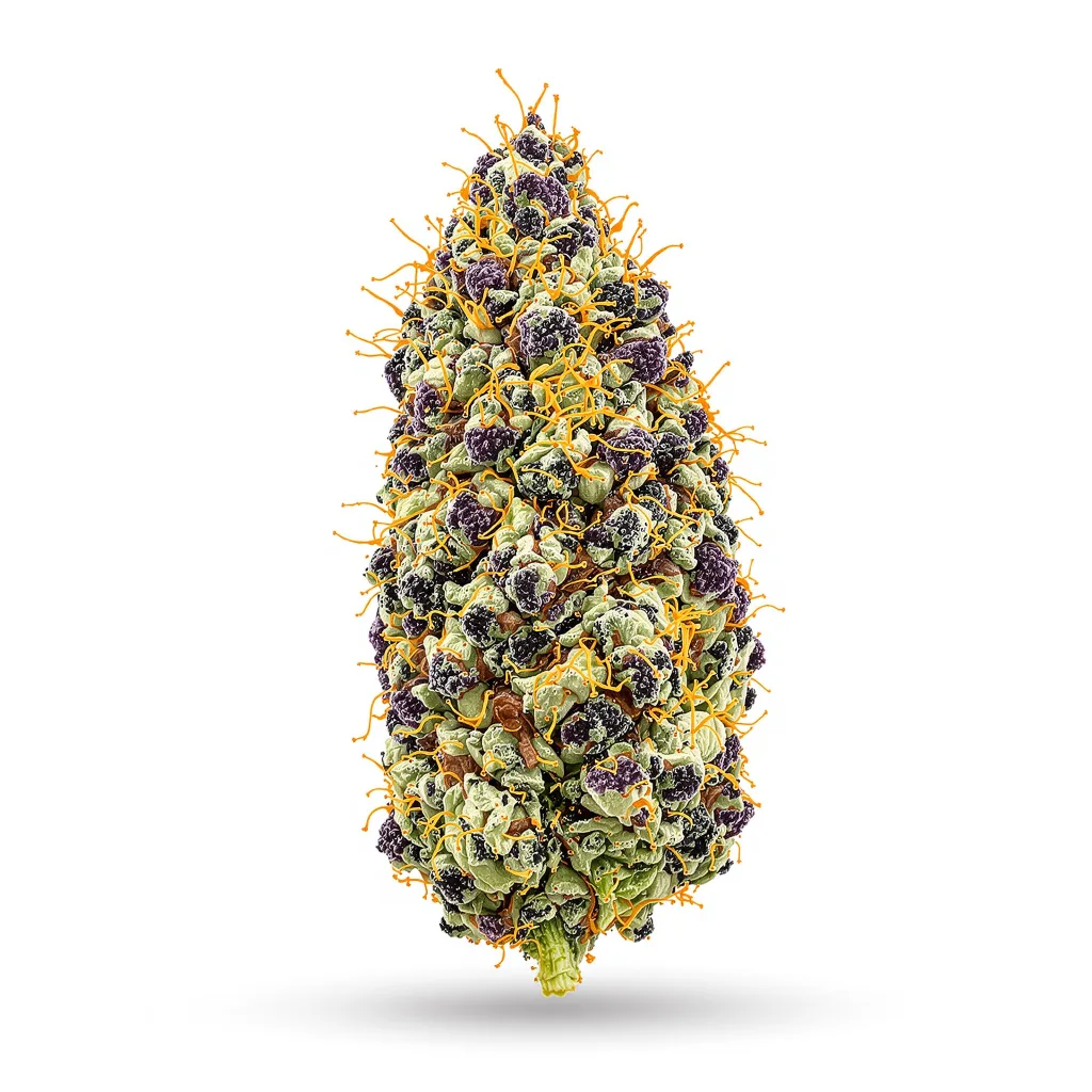 Black Bubba 69% indica / 31% sativa flower with visible trichomes