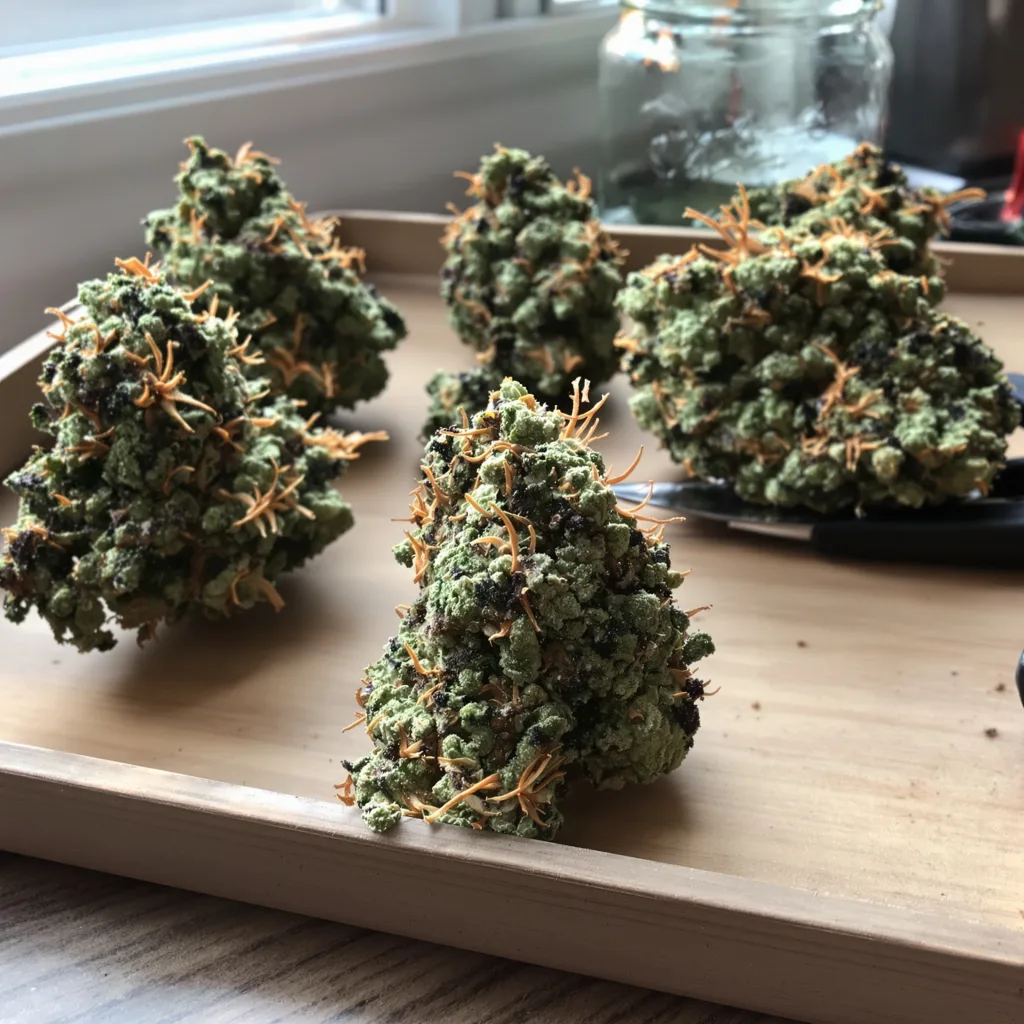 Black Diamond 53% indica / 47% sativa flower with visible trichomes