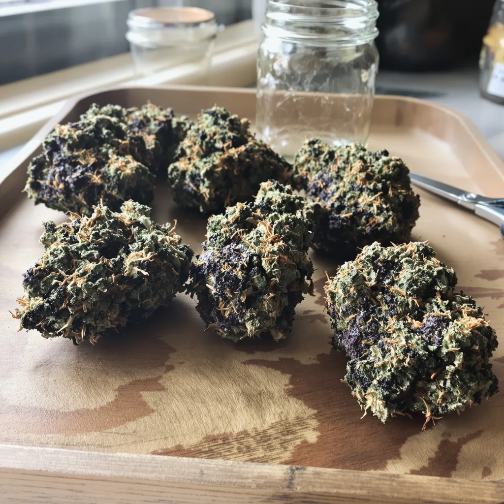 Black Domina 65% indica / 35% sativa flower with visible trichomes