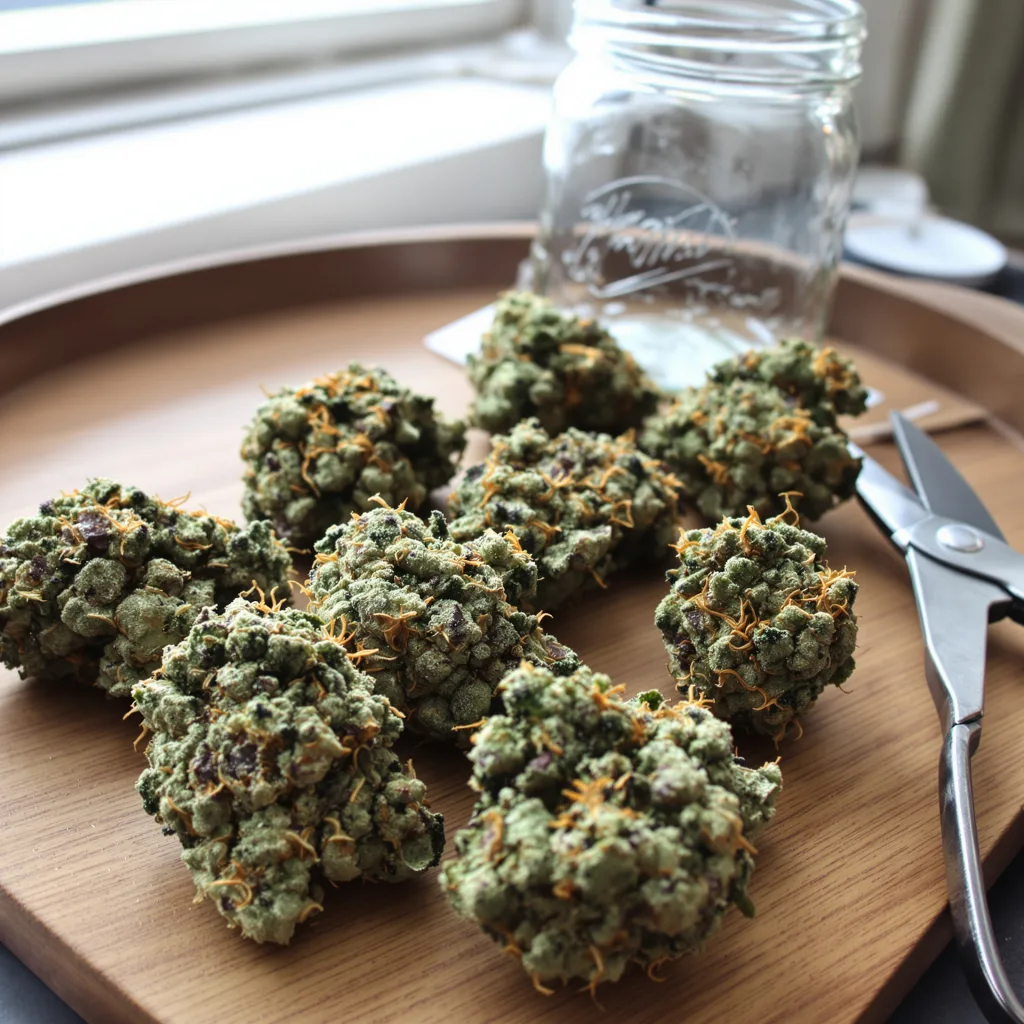 Black Russian 56% indica / 44% sativa flower with visible trichomes