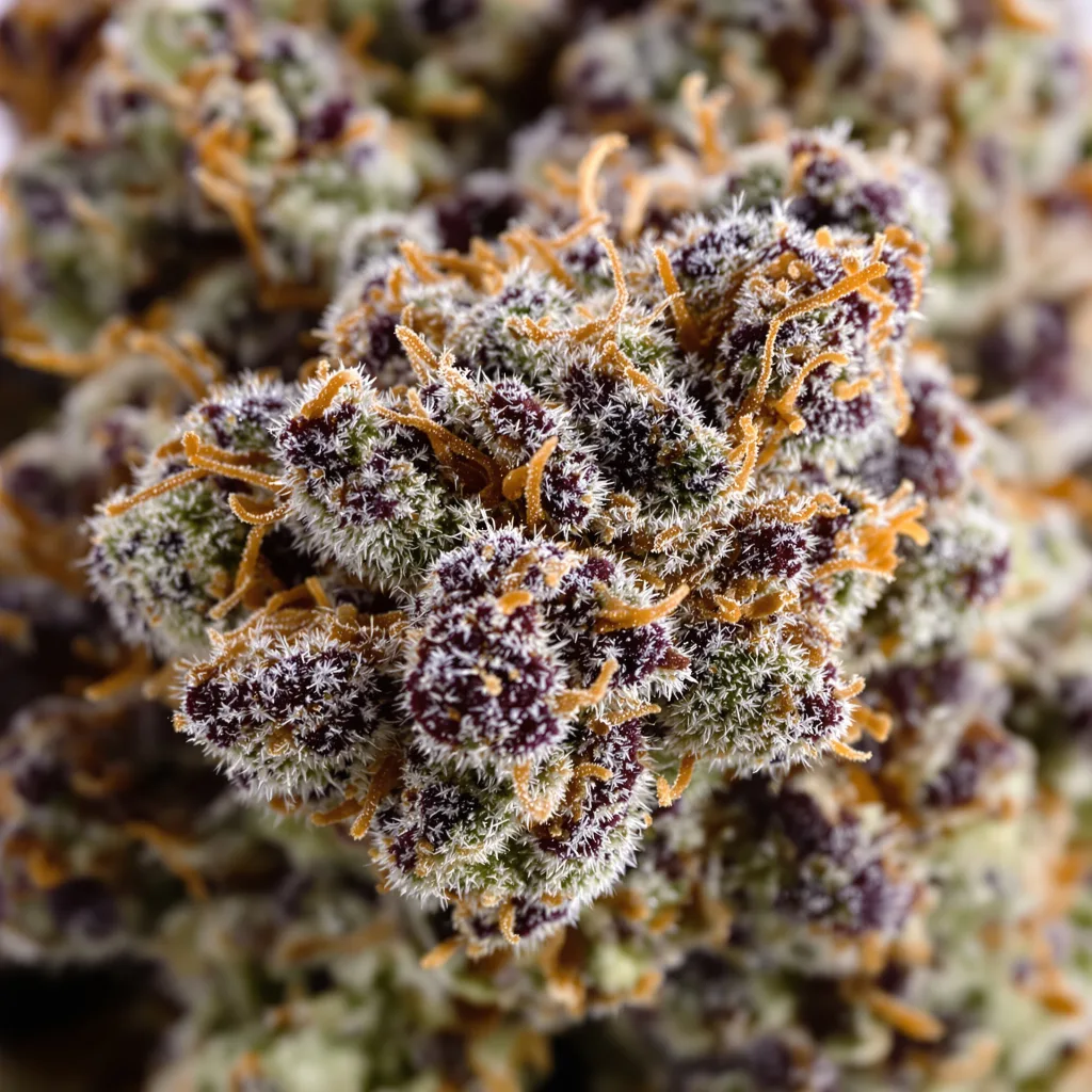 Black Water Purple OG Cheese cannabis bud close-up showing dense purple-tinged calyxes