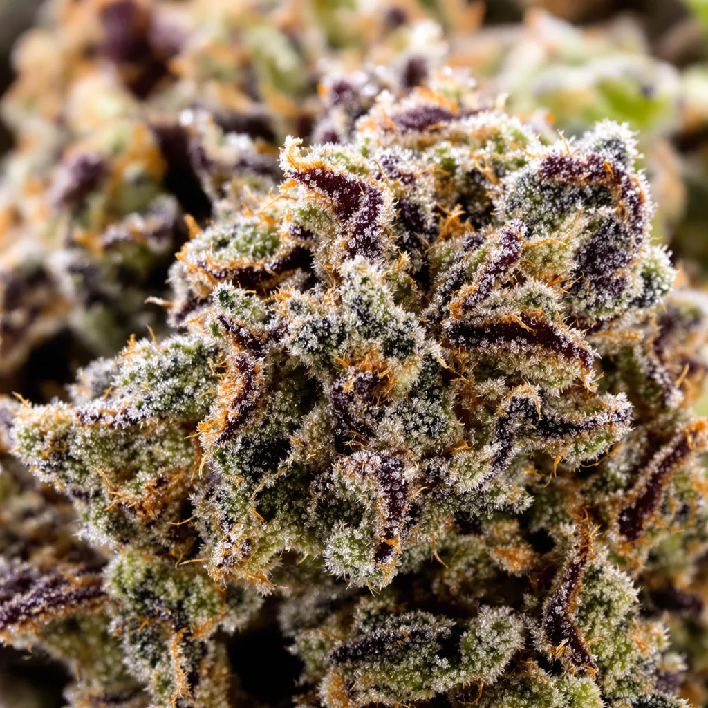 Blue Afghani cannabis bud close-up showing dense purple-tinged calyxes