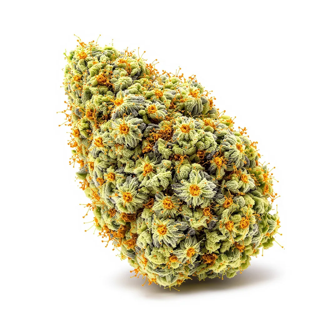 Blue Amnesia 10% indica / 90% sativa flower with visible trichomes