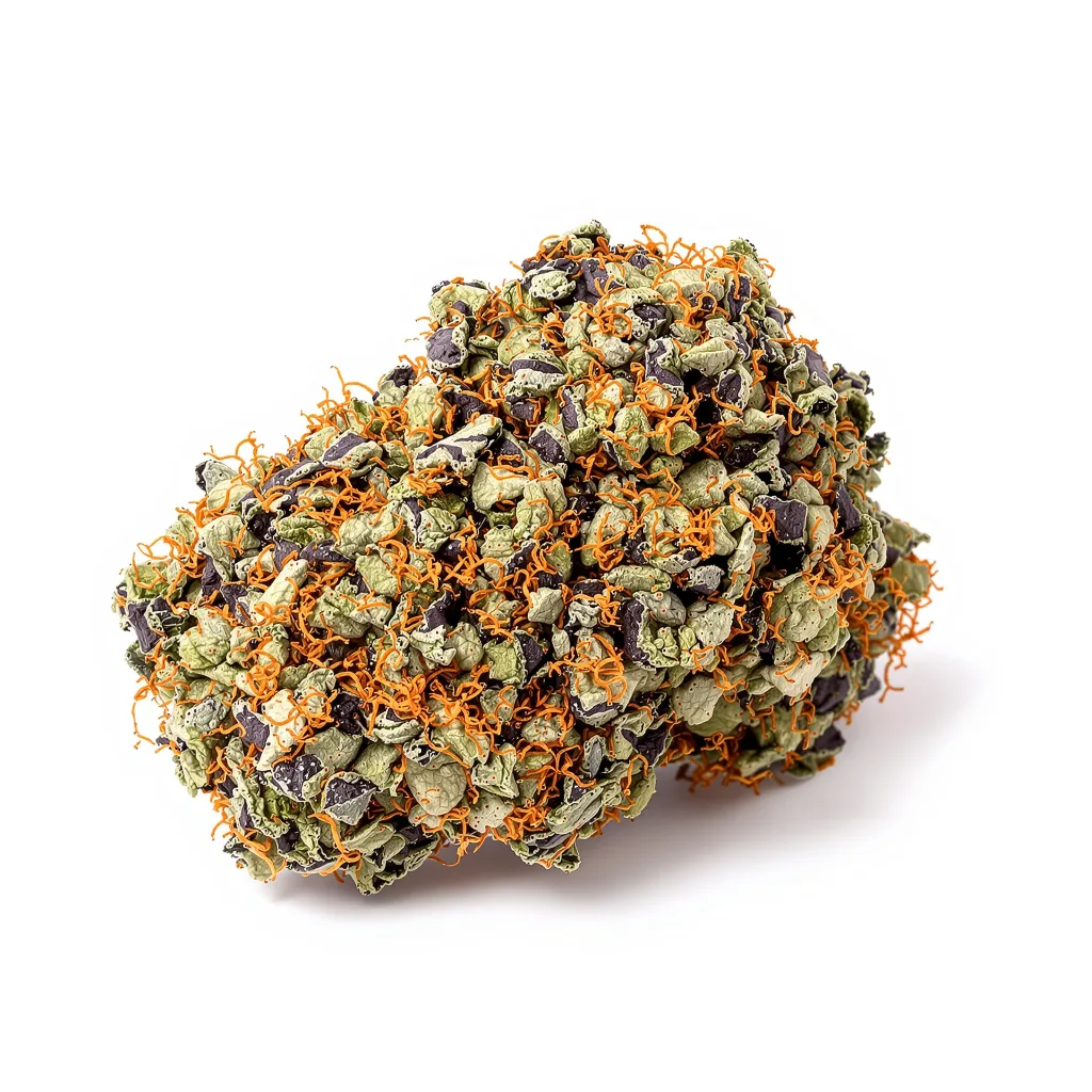 Blue Biscotti 75% indica / 25% sativa flower with visible trichomes