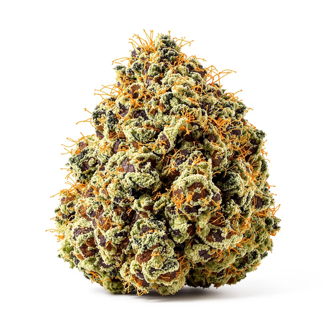Blue Blood 72% indica / 28% sativa flower with visible trichomes