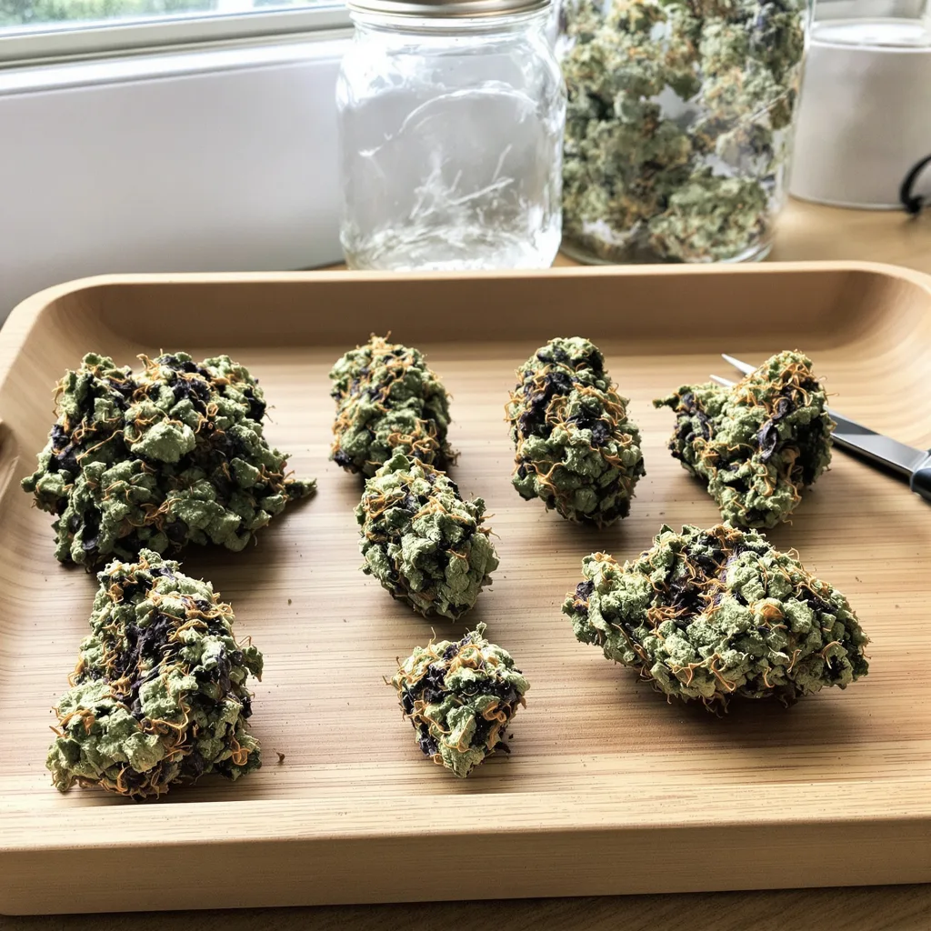 Blue Blood 72% indica / 28% sativa flower with visible trichomes