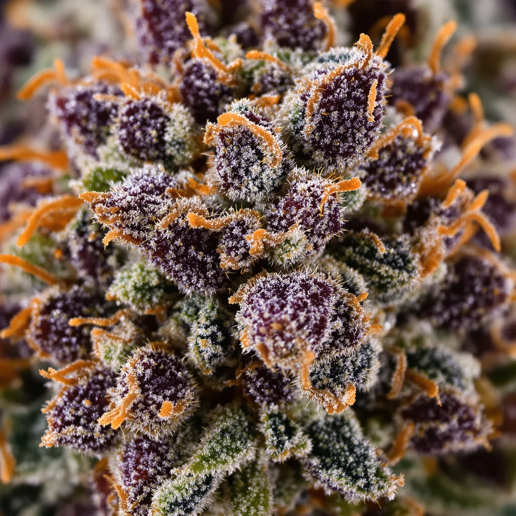 Blue Blood cannabis bud close-up showing dense purple-tinged calyxes