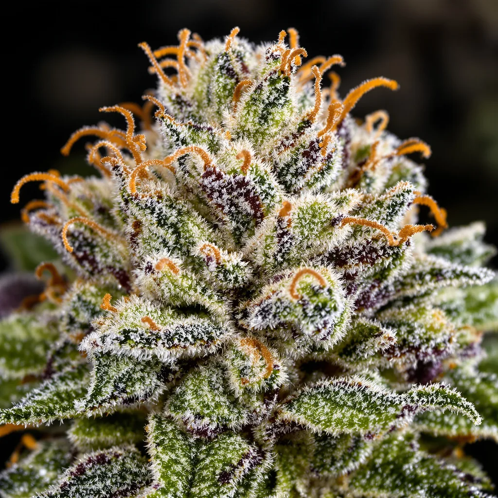 Blue Cookies cannabis bud close-up showing dense forest-green nugs